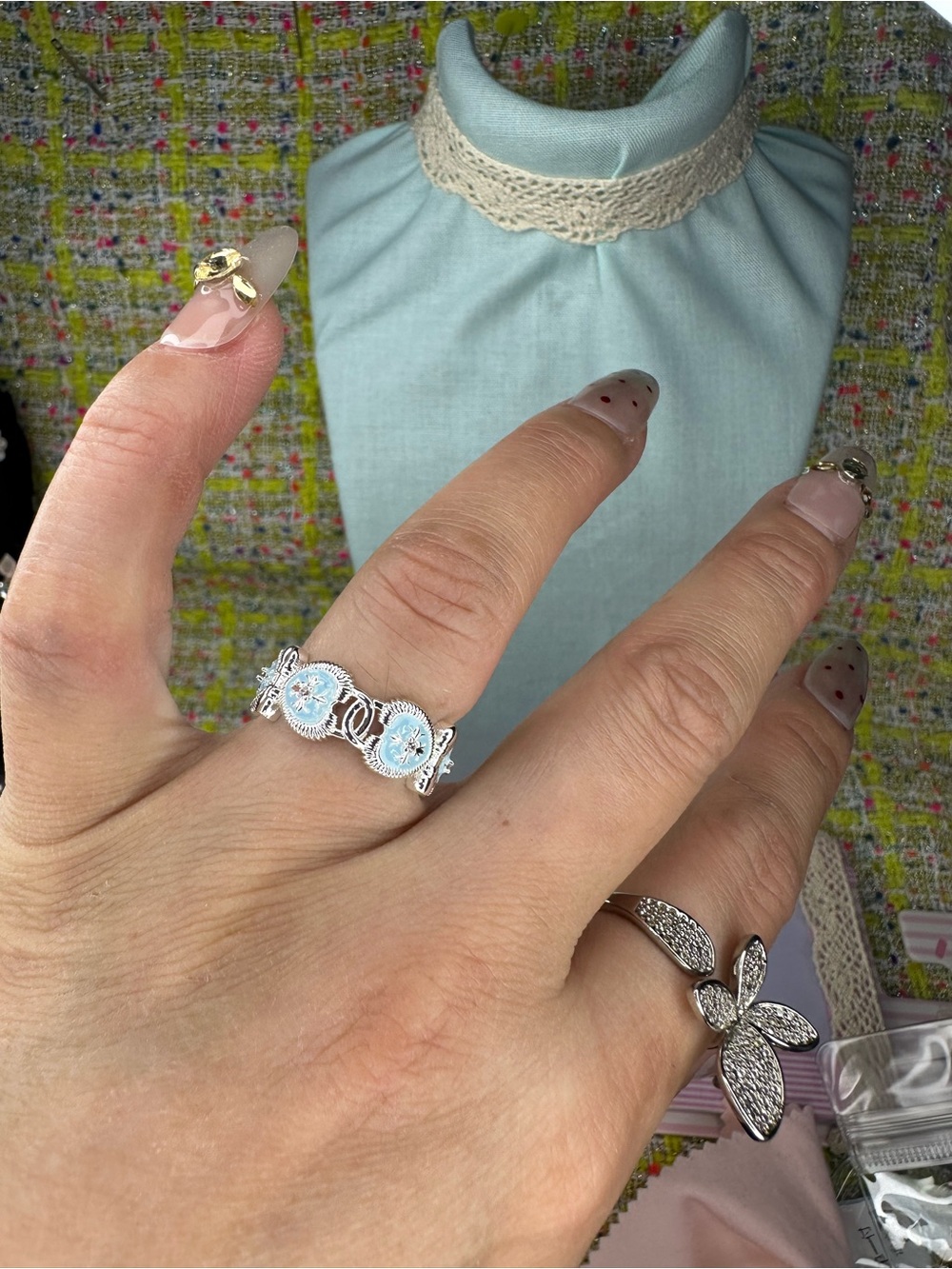 Sterling Silver Floral Blue Enamel Ring - Women Jewelry